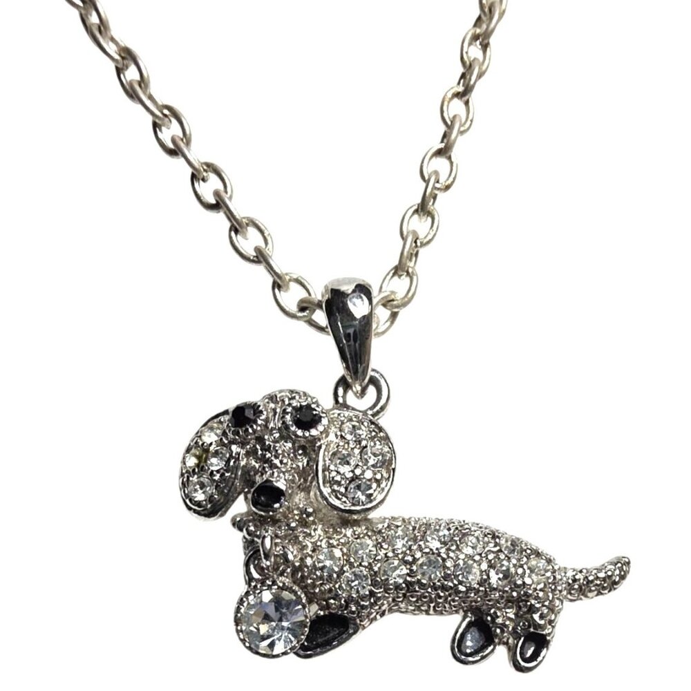Dachshund Pendant Necklace Rhinestones Silver-Tone Chain dog lover gift jewelry